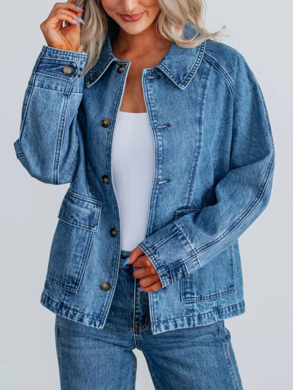 🩵Classic Blue Denim Jacket - Women's Casual Button-Up Raglan Sleeve
